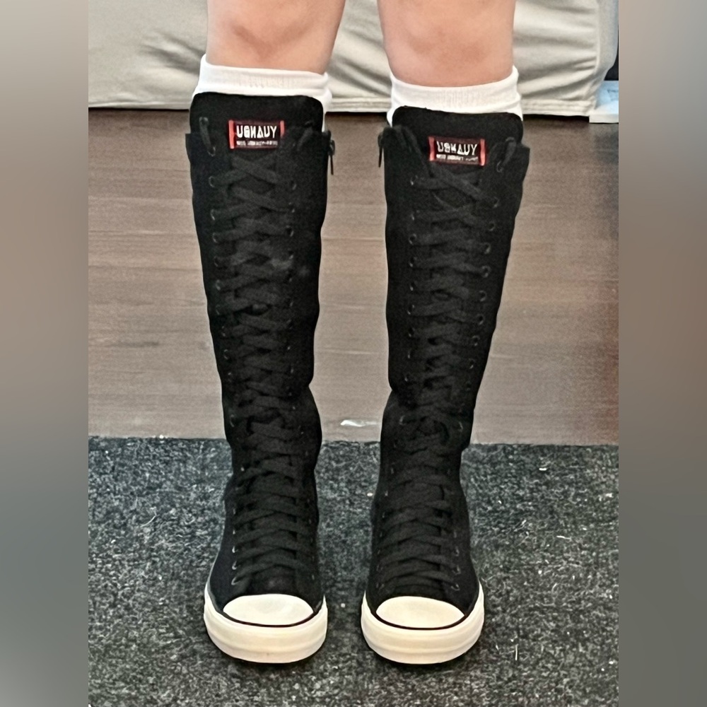 Knee-High YUANBU ANUFER Black Canvas Converse styled Lace-Up Sneakers Y2K